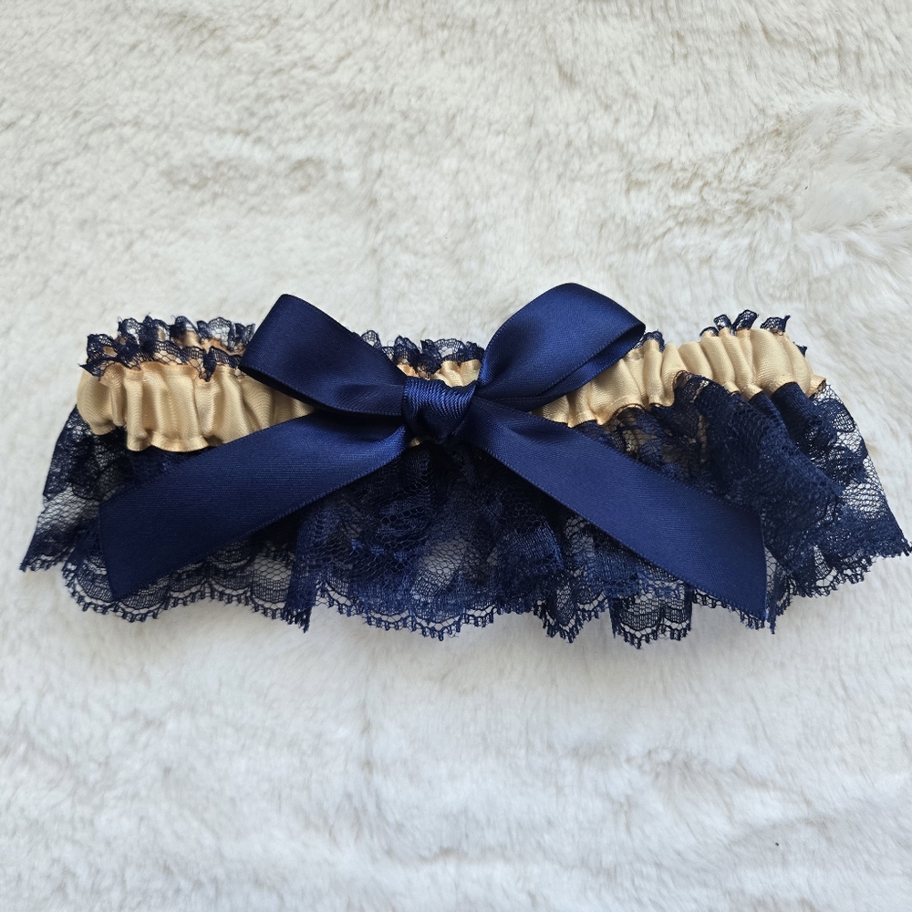 Handmade "Something Blue" Navy & Gold Bridal, Satin, Lace, Bow, Wedding Garter